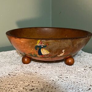 Vintage Wooden Pedestal Wooden Fruit Bowl Dough Bowl Farmhouse 13" Hand Painted